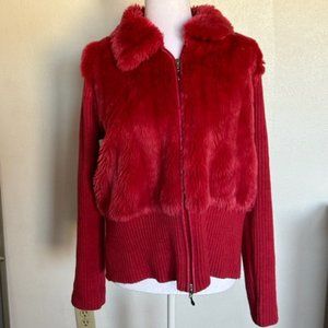 Fuzzy red Capri coat knit back and sleeves, faux fur collar and torso
